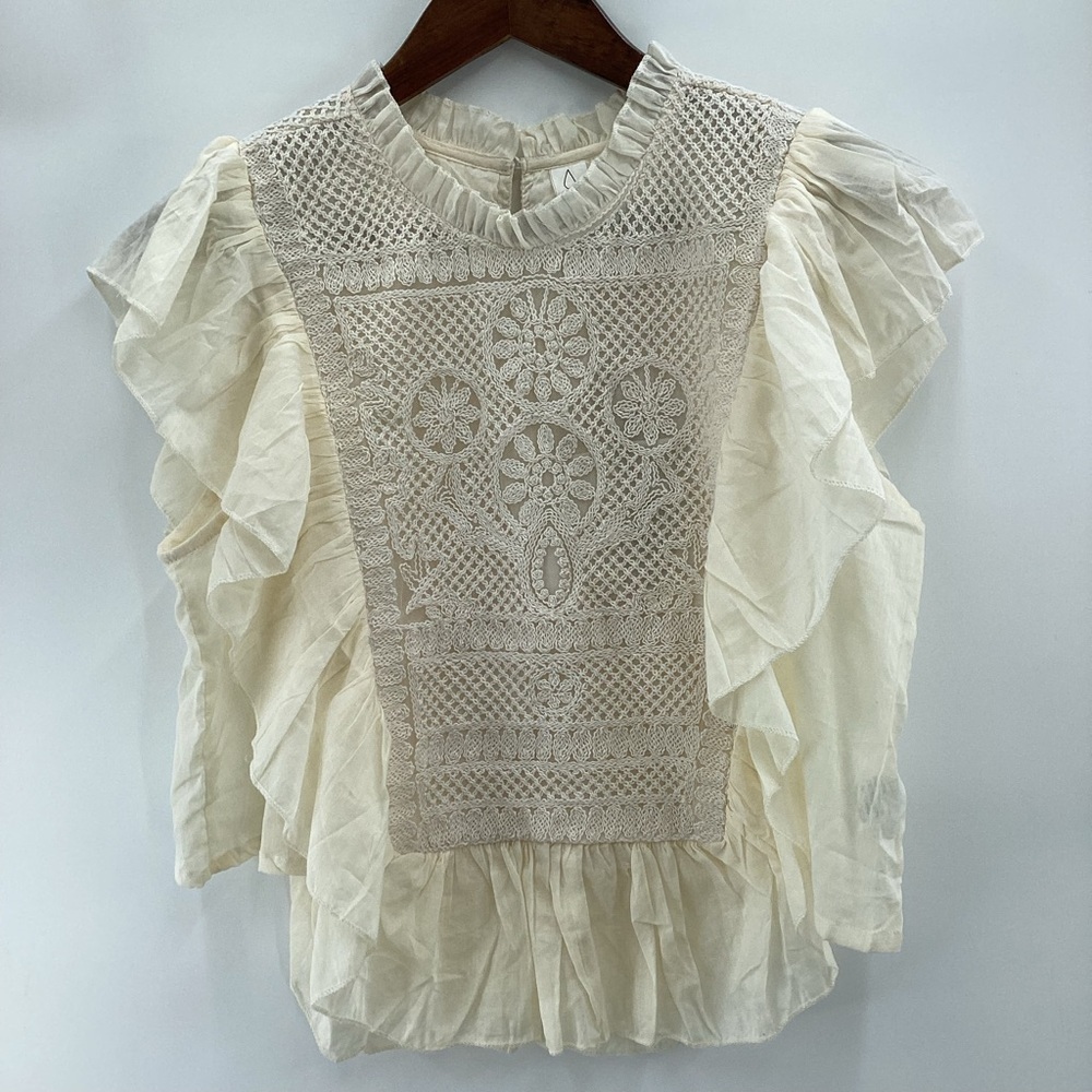 Joie Embroidered Cream Ruffle Boho Top - Picture 2 of 12